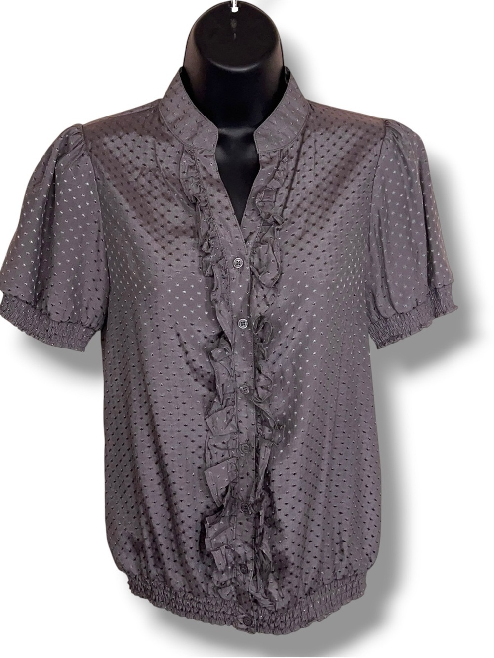 Small Xhilaration Grey Puff Sleeve Blouse Goth High Collar Ruffle Gathered